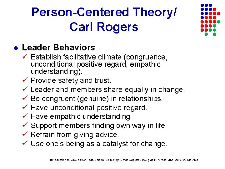 Person-Centered Theory/ Carl Rogers l Leader Behaviors Establish facilitative climate (congruence, unconditional positive regard,