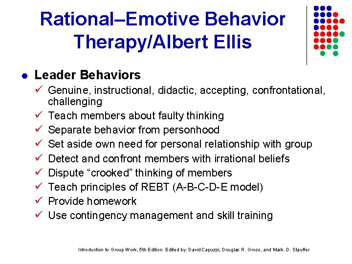 Rational–Emotive Behavior Therapy/Albert Ellis l Leader Behaviors Genuine, instructional, didactic, accepting, confrontational, challenging Teach