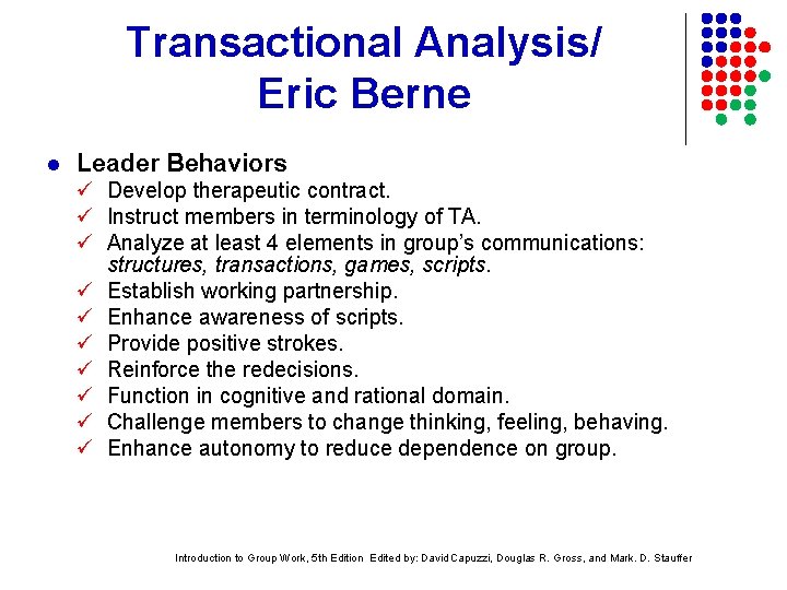 Transactional Analysis/ Eric Berne l Leader Behaviors Develop therapeutic contract. Instruct members in terminology