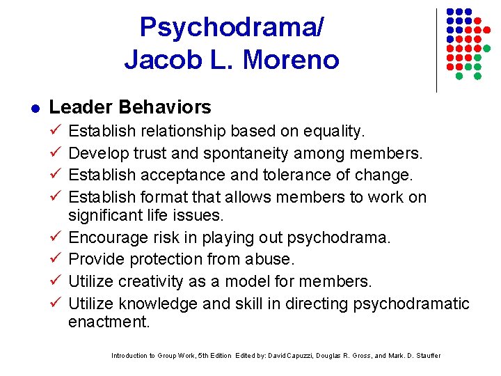 Psychodrama/ Jacob L. Moreno l Leader Behaviors Establish relationship based on equality. Develop trust