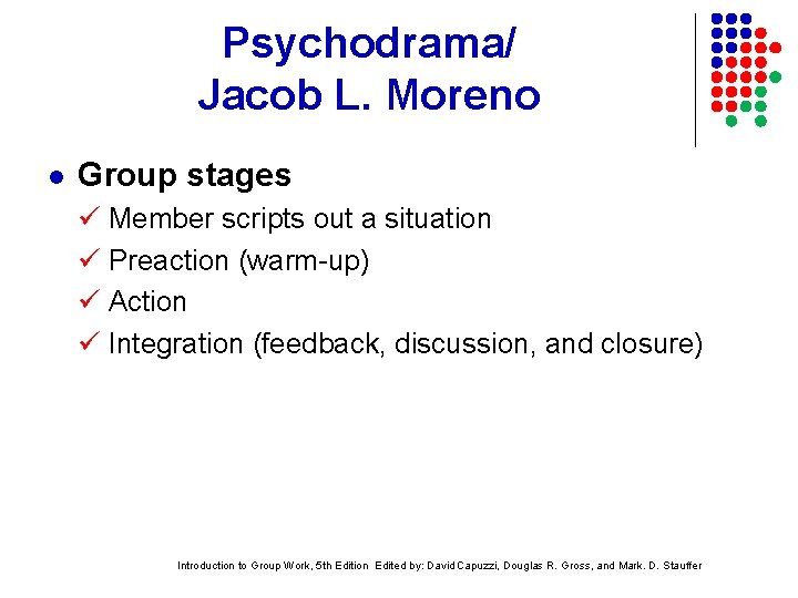 Psychodrama/ Jacob L. Moreno l Group stages Member scripts out a situation Preaction (warm-up)