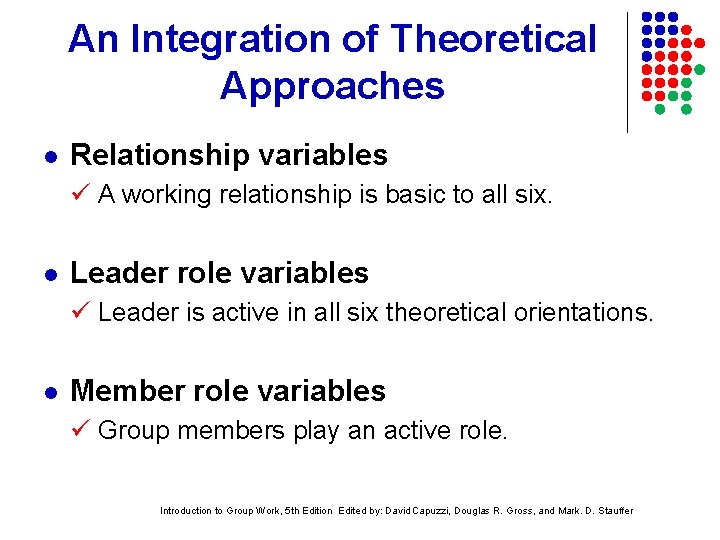 An Integration of Theoretical Approaches l Relationship variables A working relationship is basic to