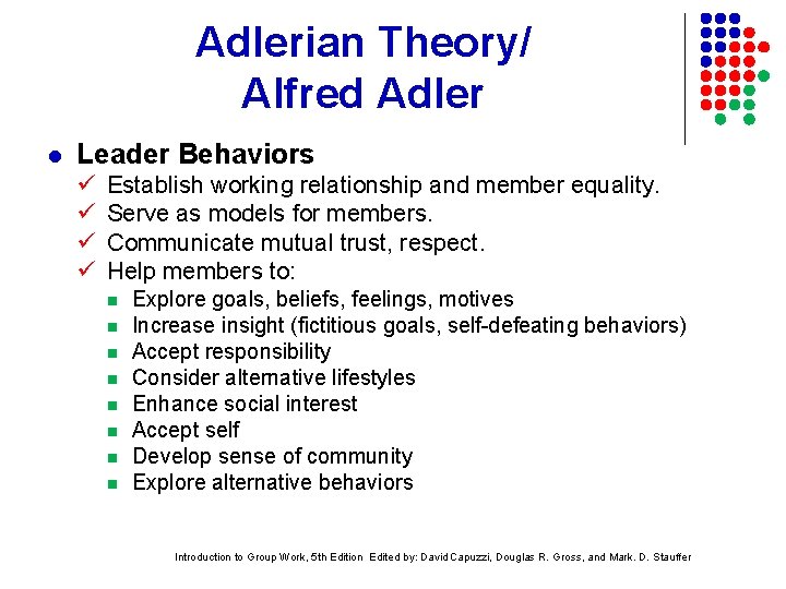 Adlerian Theory/ Alfred Adler l Leader Behaviors Establish working relationship and member equality. Serve