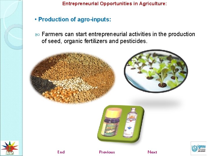 Entrepreneurial Opportunities in Agriculture: • Production of agro-inputs: Farmers can start entrepreneurial activities in