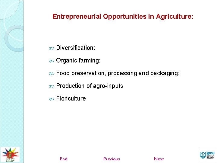 Entrepreneurial Opportunities in Agriculture: Diversification: Organic farming: Food preservation, processing and packaging: Production of