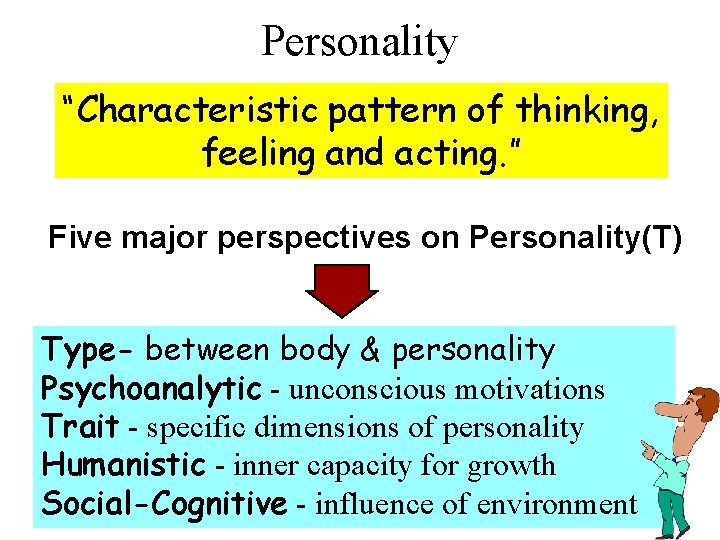 Personality “Characteristic pattern of thinking, feeling and acting. ” Five major perspectives on Personality(T)