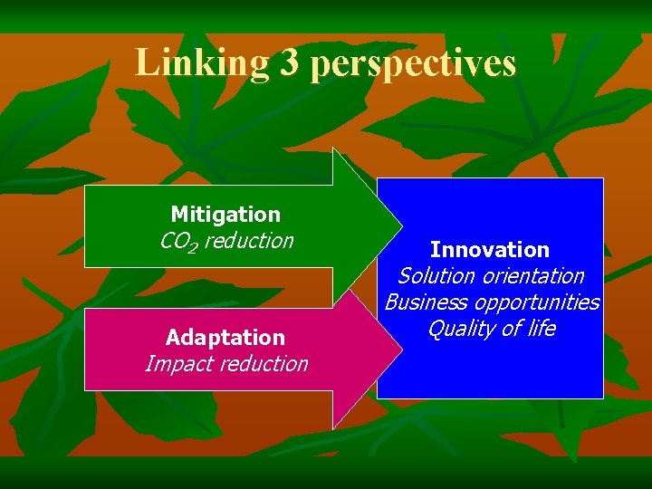 Linking 3 perspectives Mitigation CO 2 reduction Adaptation Impact reduction Innovation Solution orientation Business