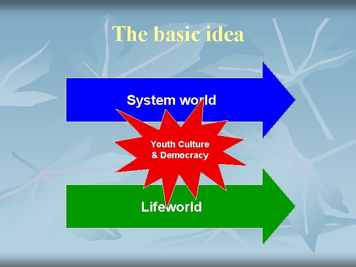 The basic idea System world Youth Culture & Democracy Lifeworld 