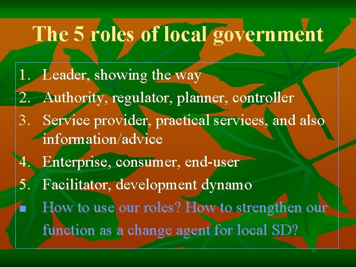 The 5 roles of local government 1. Leader, showing the way 2. Authority, regulator,