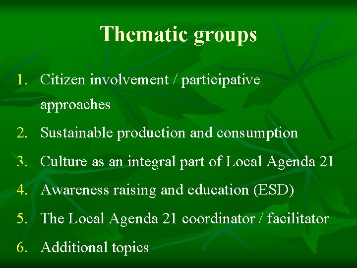 Thematic groups 1. Citizen involvement / participative approaches 2. Sustainable production and consumption 3.