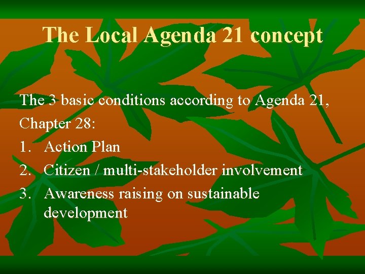 The Local Agenda 21 concept The 3 basic conditions according to Agenda 21, Chapter