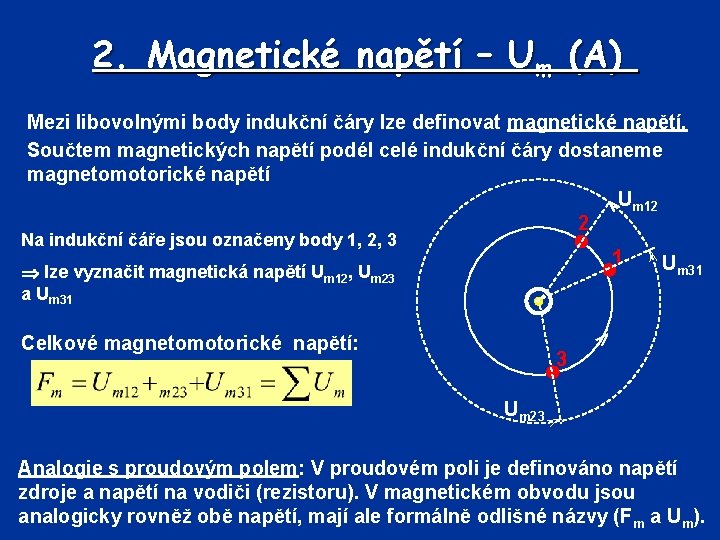 2. Magnetické napětí – Um (A) Mezi libovolnými body indukční čáry lze definovat magnetické