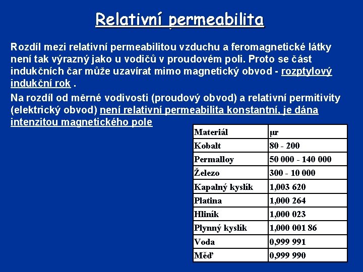 Relativní permeabilita Rozdíl mezi relativní permeabilitou vzduchu a feromagnetické látky není tak výrazný jako