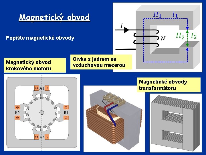 Magnetický obvod Popište magnetické obvody Magnetický obvod krokového motoru Cívka s jádrem se vzduchovou