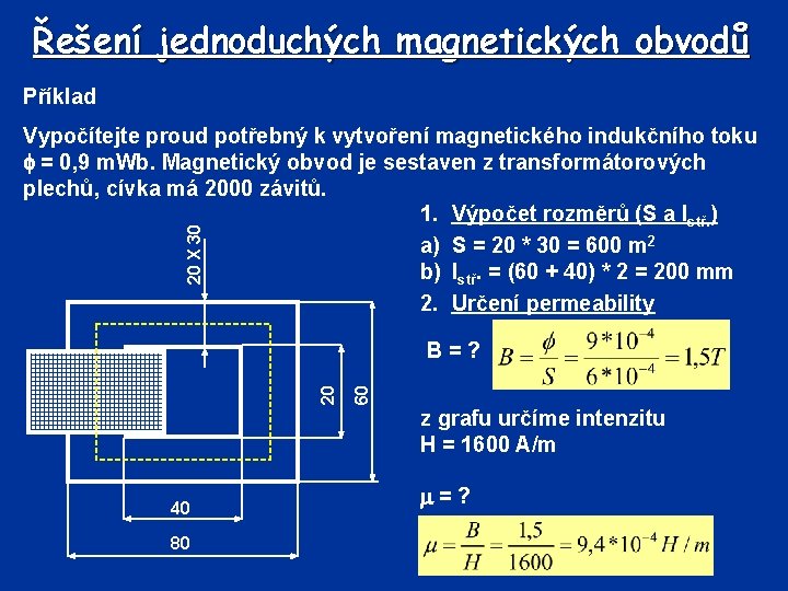 Řešení jednoduchých magnetických obvodů Příklad 20 X 30 Vypočítejte proud potřebný k vytvoření magnetického