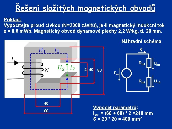 Řešení složitých magnetických obvodů Příklad: Vypočítejte proud cívkou (N=2000 závitů), je-li magnetický indukční tok