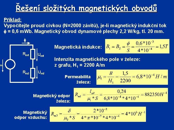 Řešení složitých magnetických obvodů Příklad: Vypočítejte proud cívkou (N=2000 závitů), je-li magnetický indukční tok