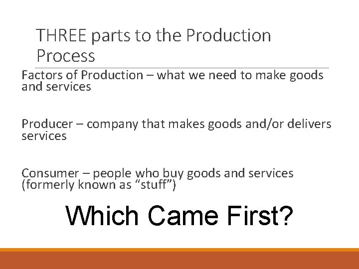 THREE parts to the Production Process Factors of Production – what we need to