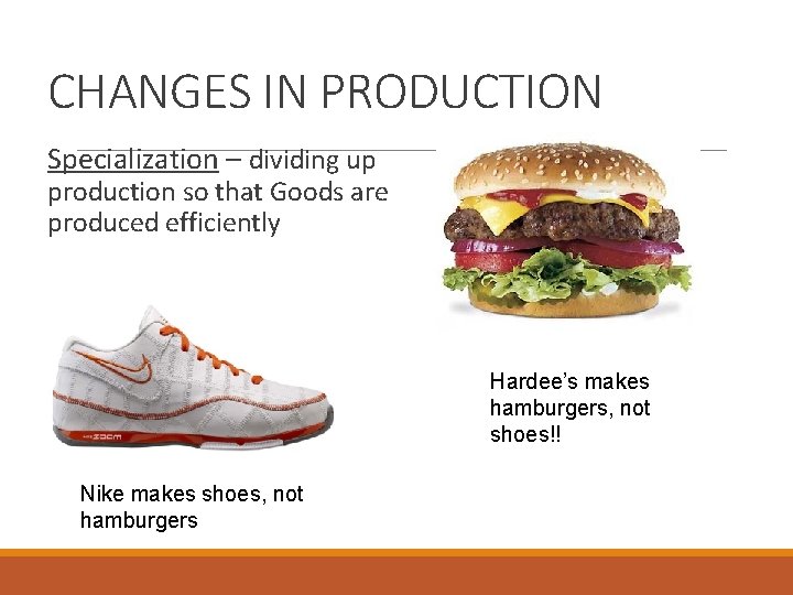 CHANGES IN PRODUCTION Specialization – dividing up production so that Goods are produced efficiently