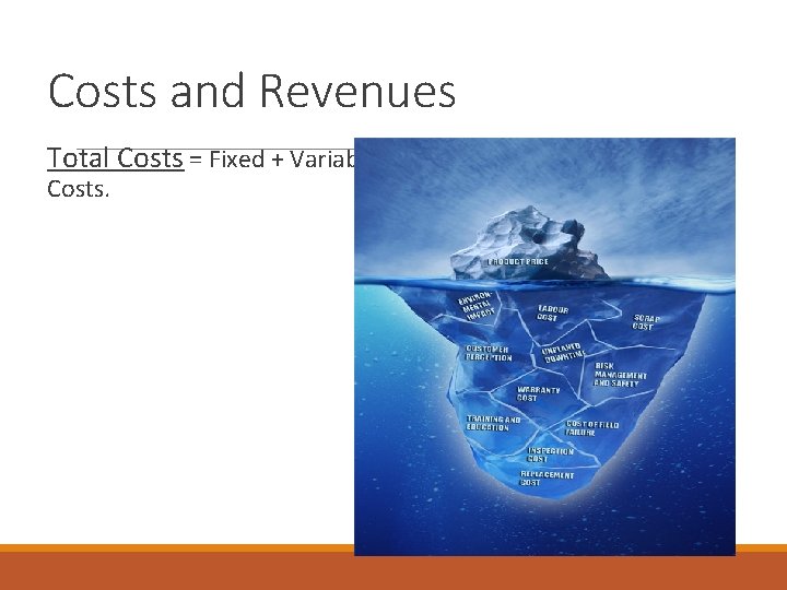 Costs and Revenues Total Costs = Fixed + Variable Costs. 