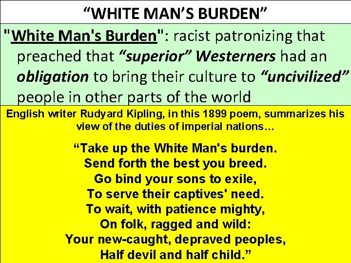 “WHITE MAN’S BURDEN” "White Man's Burden": racist patronizing that preached that “superior” Westerners had “WHITE MAN’S BURDEN” "White Man's Burden": racist patronizing that preached that “superior” Westerners had