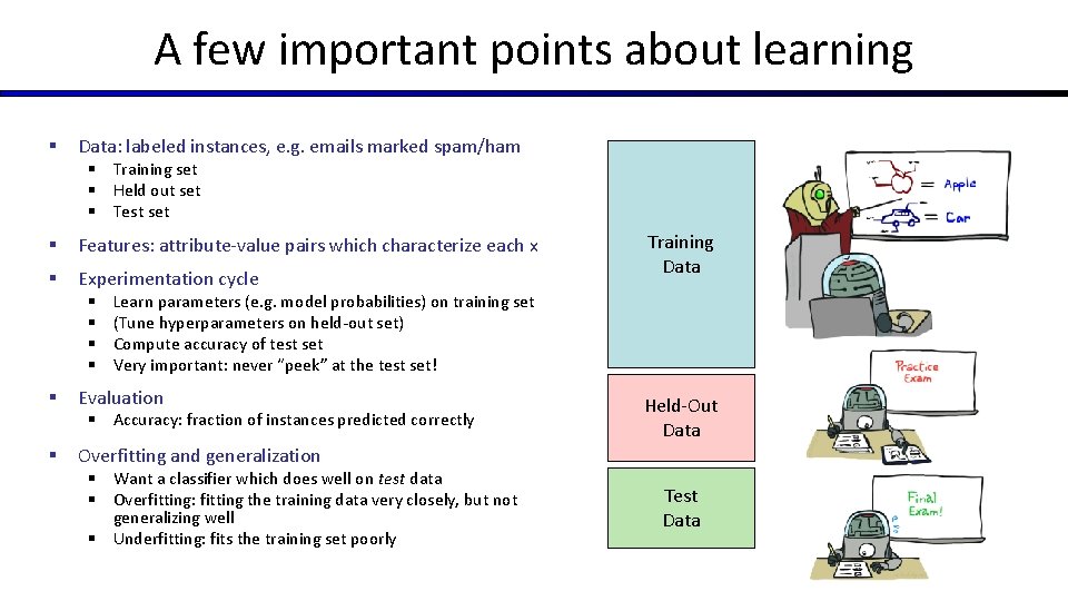 A few important points about learning § Data: labeled instances, e. g. emails marked