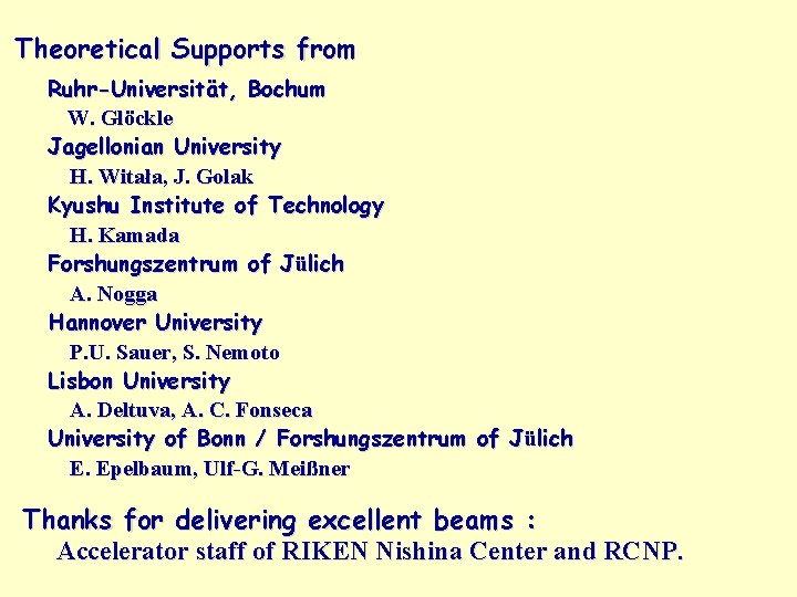 Theoretical Supports from Ruhr-Universität, Bochum W. Glöckle Jagellonian University H. Witała, J. Golak Kyushu