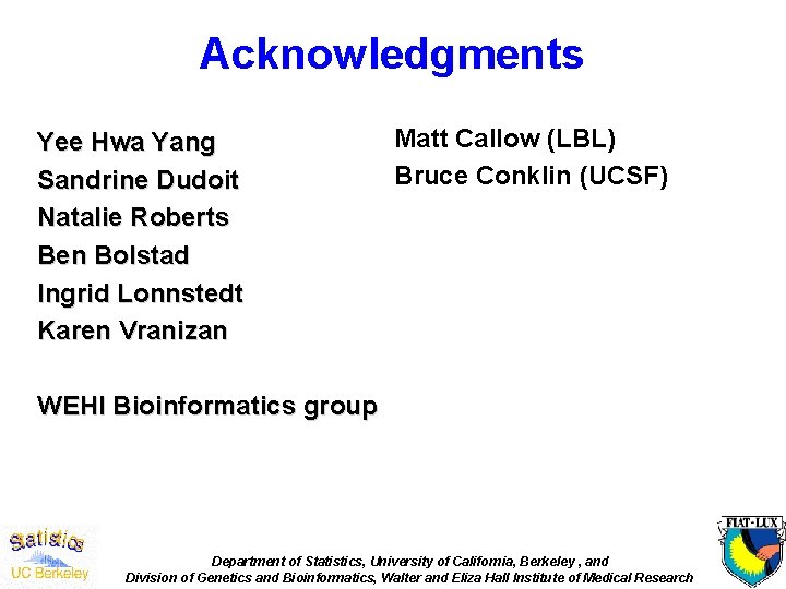 Acknowledgments Yee Hwa Yang Sandrine Dudoit Natalie Roberts Ben Bolstad Ingrid Lonnstedt Karen Vranizan