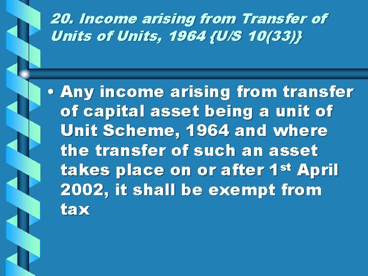 20. Income arising from Transfer of Units, 1964 {U/S 10(33)} • Any income arising