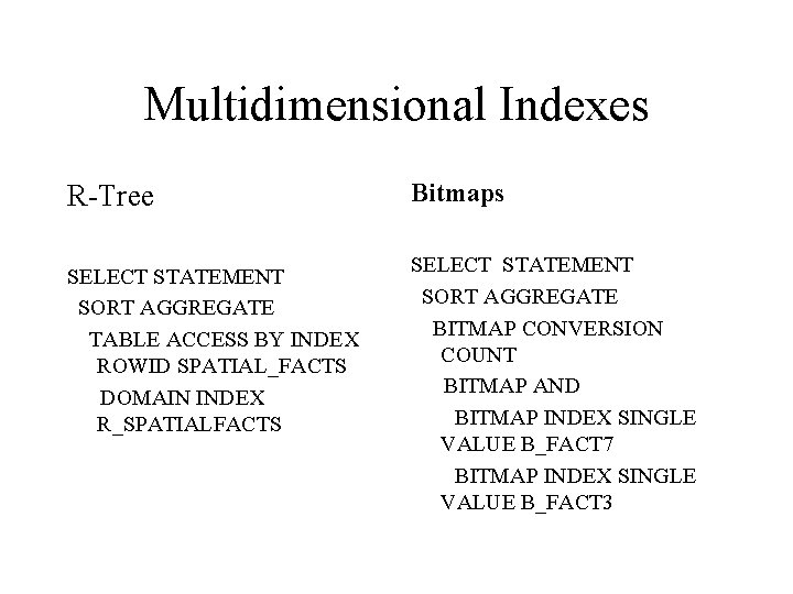 Multidimensional Indexes R-Tree SELECT STATEMENT SORT AGGREGATE TABLE ACCESS BY INDEX ROWID SPATIAL_FACTS DOMAIN
