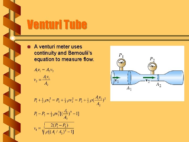 Venturi Tube ] A venturi meter uses continuity and Bernoulii’s equation to measure flow.