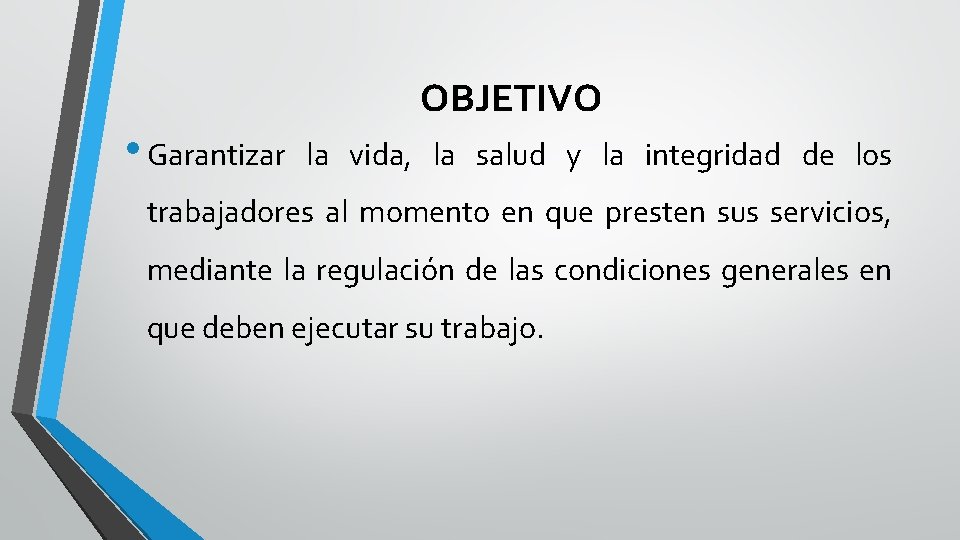 OBJETIVO • Garantizar la vida, la salud y la integridad de los trabajadores al