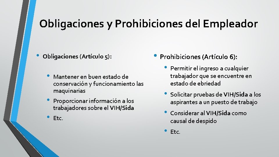 Obligaciones y Prohibiciones del Empleador • Obligaciones (Artículo 5): • • • Mantener en