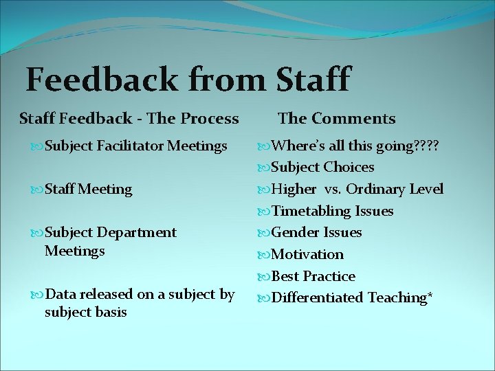 Feedback from Staff Feedback - The Process The Comments Subject Facilitator Meetings Staff Meeting