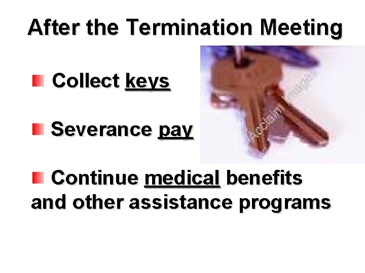 After the Termination Meeting Collect keys Severance pay Continue medical benefits and other assistance