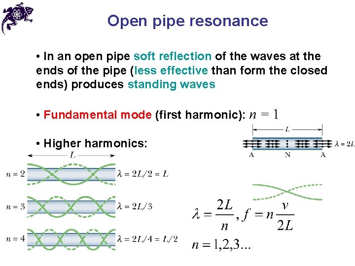 Open pipe resonance • In an open pipe soft reflection of the waves at