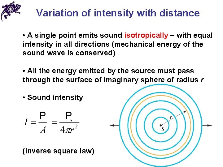Variation of intensity with distance • A single point emits sound isotropically – with