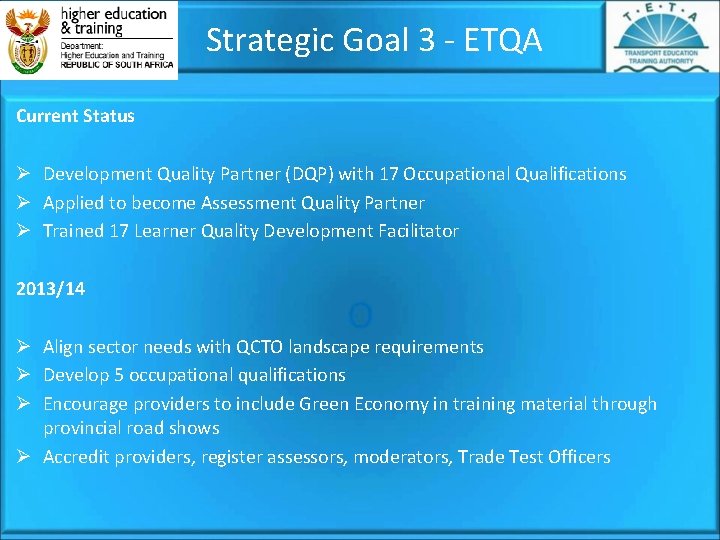  Strategic Goal 3 - ETQA Current Status Ø Development Quality Partner (DQP) with