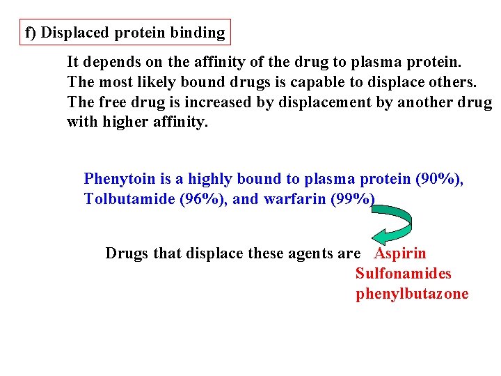 f) Displaced protein binding It depends on the affinity of the drug to plasma