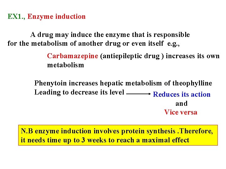 EX 1. , Enzyme induction A drug may induce the enzyme that is responsible