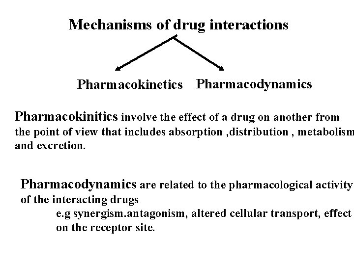 Mechanisms of drug interactions Pharmacokinetics Pharmacodynamics Pharmacokinitics involve the effect of a drug on