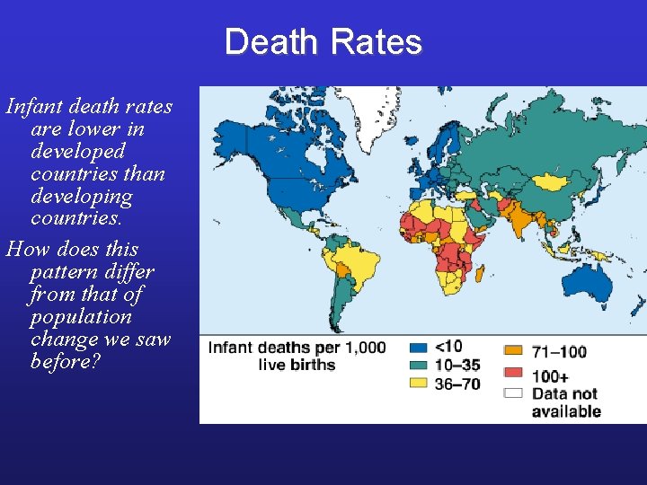 Death Rates Infant death rates are lower in developed countries than developing countries. How