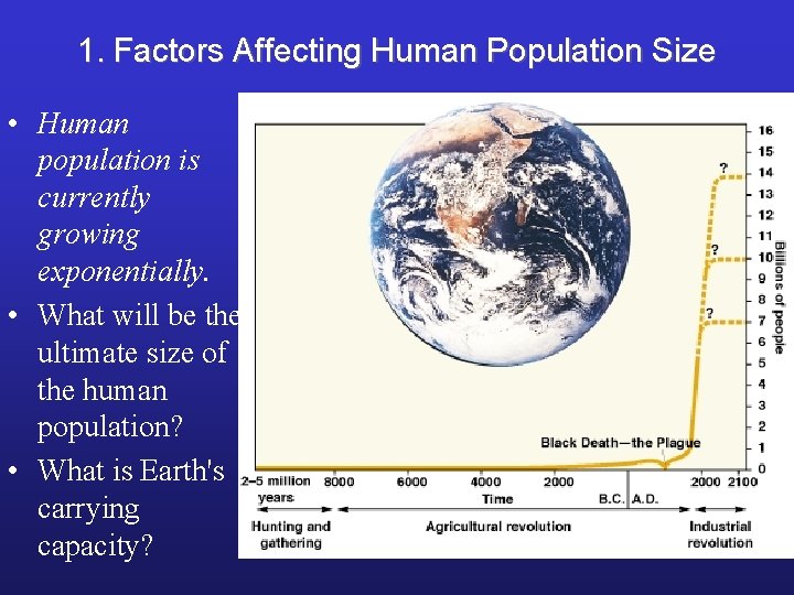 1. Factors Affecting Human Population Size • Human population is currently growing exponentially. •