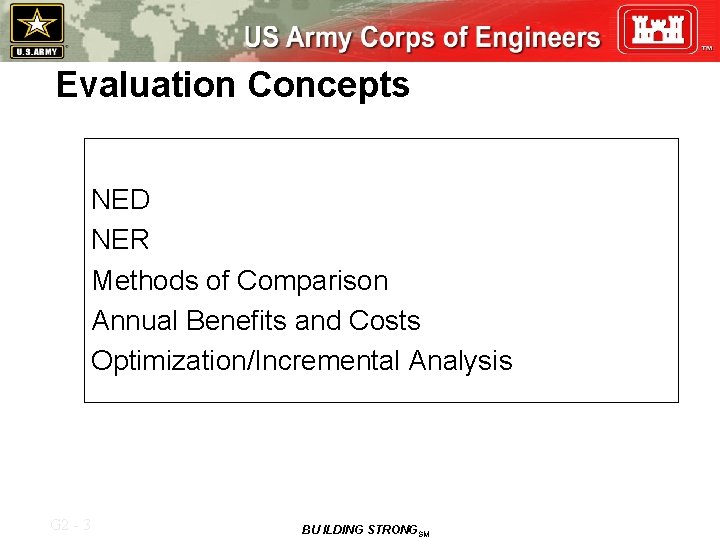 Evaluation Concepts NED NER Methods of Comparison Annual Benefits and Costs Optimization/Incremental Analysis G
