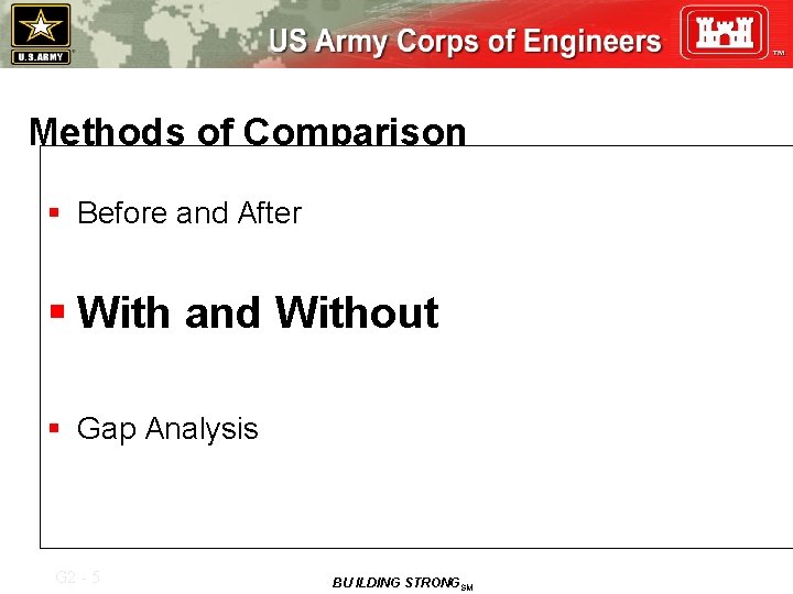 Methods of Comparison § Before and After § With and Without § Gap Analysis