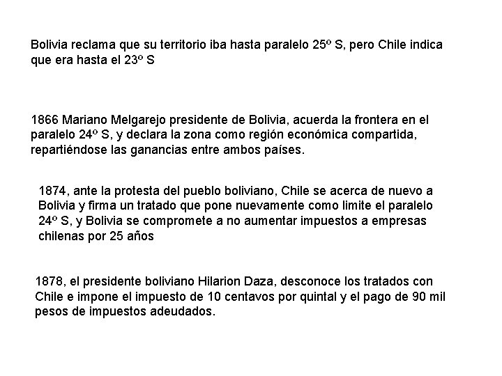 Bolivia reclama que su territorio iba hasta paralelo 25º S, pero Chile indica que Bolivia reclama que su territorio iba hasta paralelo 25º S, pero Chile indica que