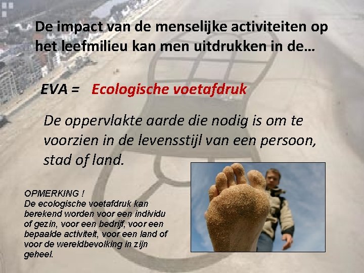 De impact van de menselijke activiteiten op het leefmilieu kan men uitdrukken in de…