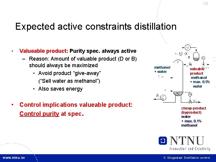 13 Expected active constraints distillation • Valueable product: Purity spec. always active – Reason: