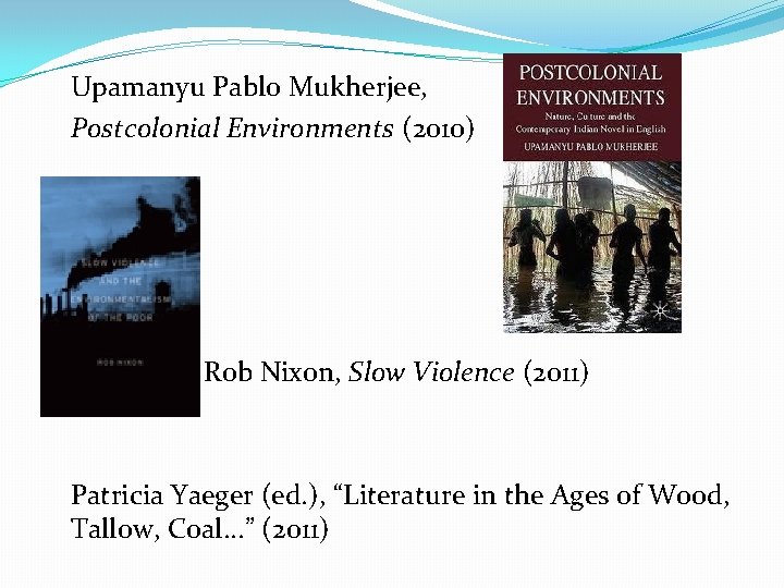 Upamanyu Pablo Mukherjee, Postcolonial Environments (2010) Rob Nixon, Slow Violence (2011) Patricia Yaeger (ed.