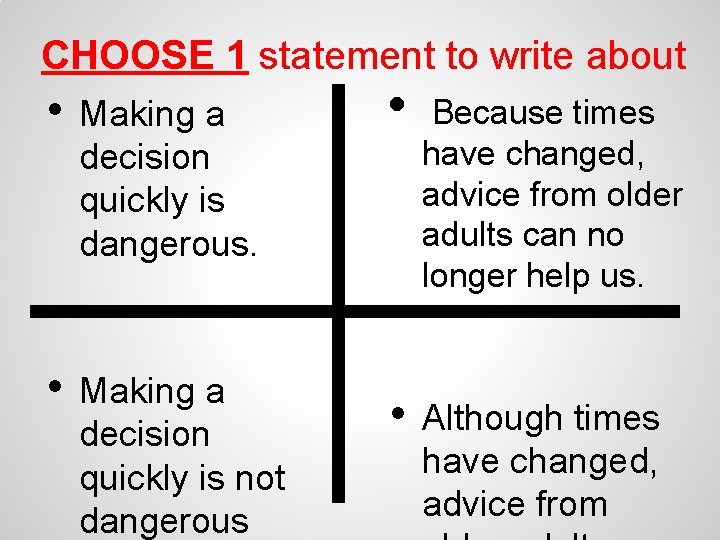 CHOOSE 1 statement to write about • Making a decision quickly is dangerous. •
